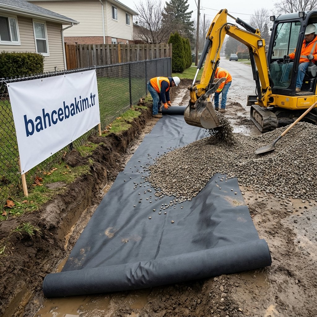 Geotekstil 'Bohçalama' ve Mıcır Yatağı - bahcebakim.tr uygulama adımı